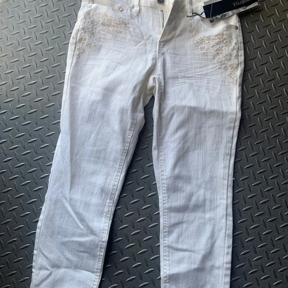 Sound style white jeans tan embroidery skinny boho NWT $78 casual contemporary - Picture 2 of 4
